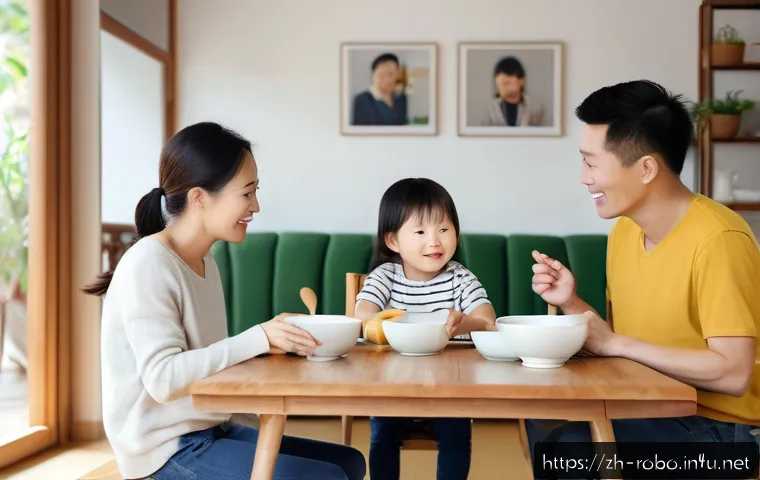 로보카폴리와 가족 - A warm, modern Chinese family breakfast scene in a cozy dining room with soft natural lighting, show...