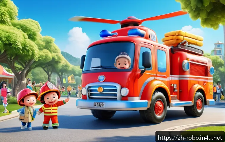 로보카폴리 테마파크 - A vibrant and colorful children&rsquo;s theme park scene featuring lifelike cartoon characters such as a b...