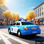 로보카폴리 제작사 인터뷰 - A colorful, friendly police car character named Poli inspired by a sleek police cruiser, featuring l...