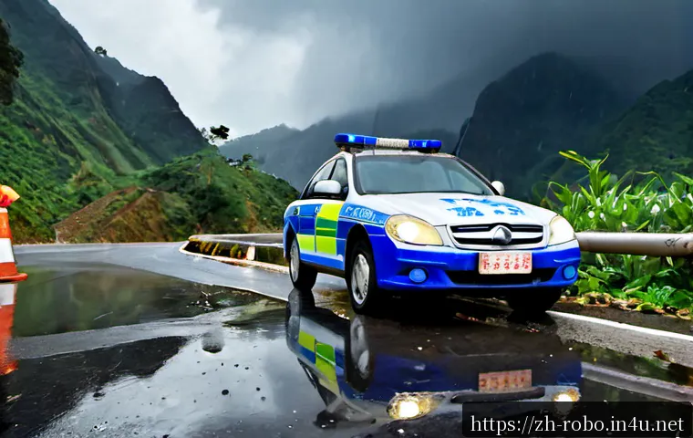 로보카폴리 최악의 순간 - Photorealistic blue-and-white child-friendly rescue police car stopped beside a rain-soaked mountain...