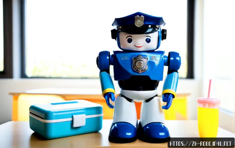 로보카폴리와 브랜드 협업 - Photorealistic lifestyle product scene of a friendly blue-and-white police rescue robot toy collabor...