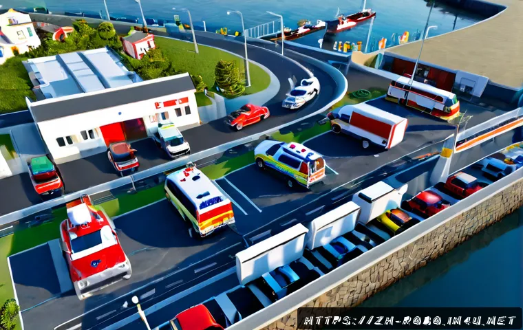 로보카폴리 브룸스타운 구조도 - Photorealistic aerial view of a cheerful coastal rescue town layout, clear winding streets connectin...