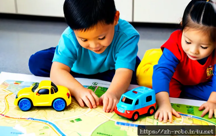 로보카폴리의 유아교육적 가치 - Photorealistic preschool classroom scene with diverse young children wearing colorful everyday cloth...
