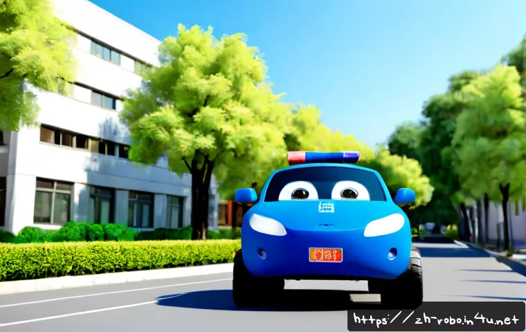 로보카폴리 주인공 폴리 - Photorealistic friendly blue robotic police rescue car with expressive windshield eyes, parked on a ...