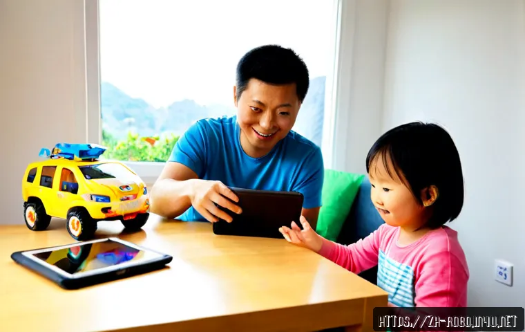 로보카폴리 관련 유명 블로그 - Photorealistic family lifestyle scene, a parent and child browsing a tablet together at a bright tid...