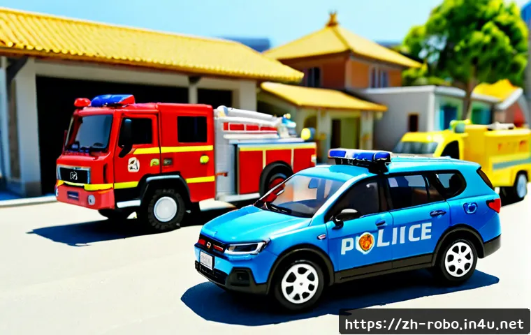 로보카폴리 캐릭터별 역할 - Photorealistic miniature emergency rescue vehicle team in a bright child-friendly coastal town, a bl...