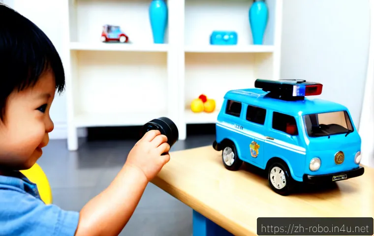 로보카폴리와 브이로그 - Photorealistic bright family living room, a cheerful child filming a toy rescue vehicle adventure wi...