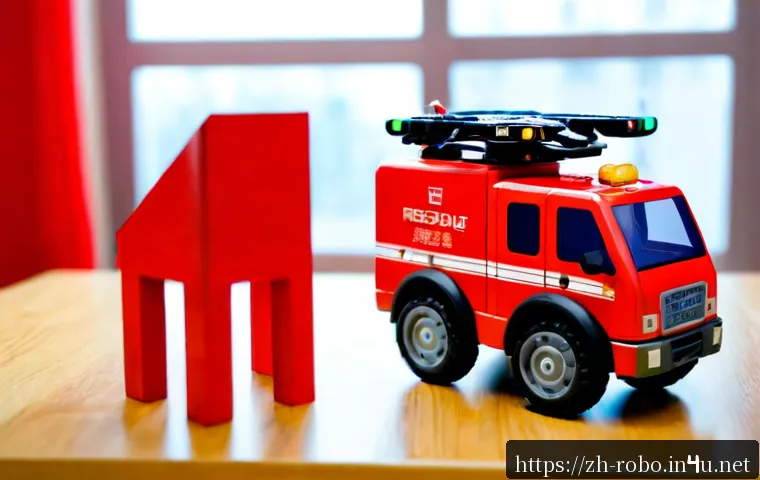 로보카폴리 로이 장난감 - Photorealistic red rescue fire truck robot toy with friendly rounded features, displayed on a clean ...