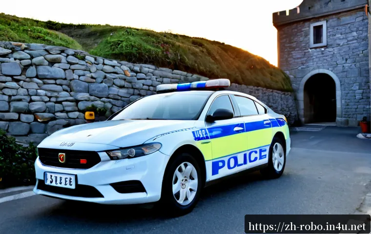 로보카폴리 브룸스타운의 비밀 - Photorealistic friendly blue-and-white police rescue car exploring a quiet coastal town at sunrise, ...